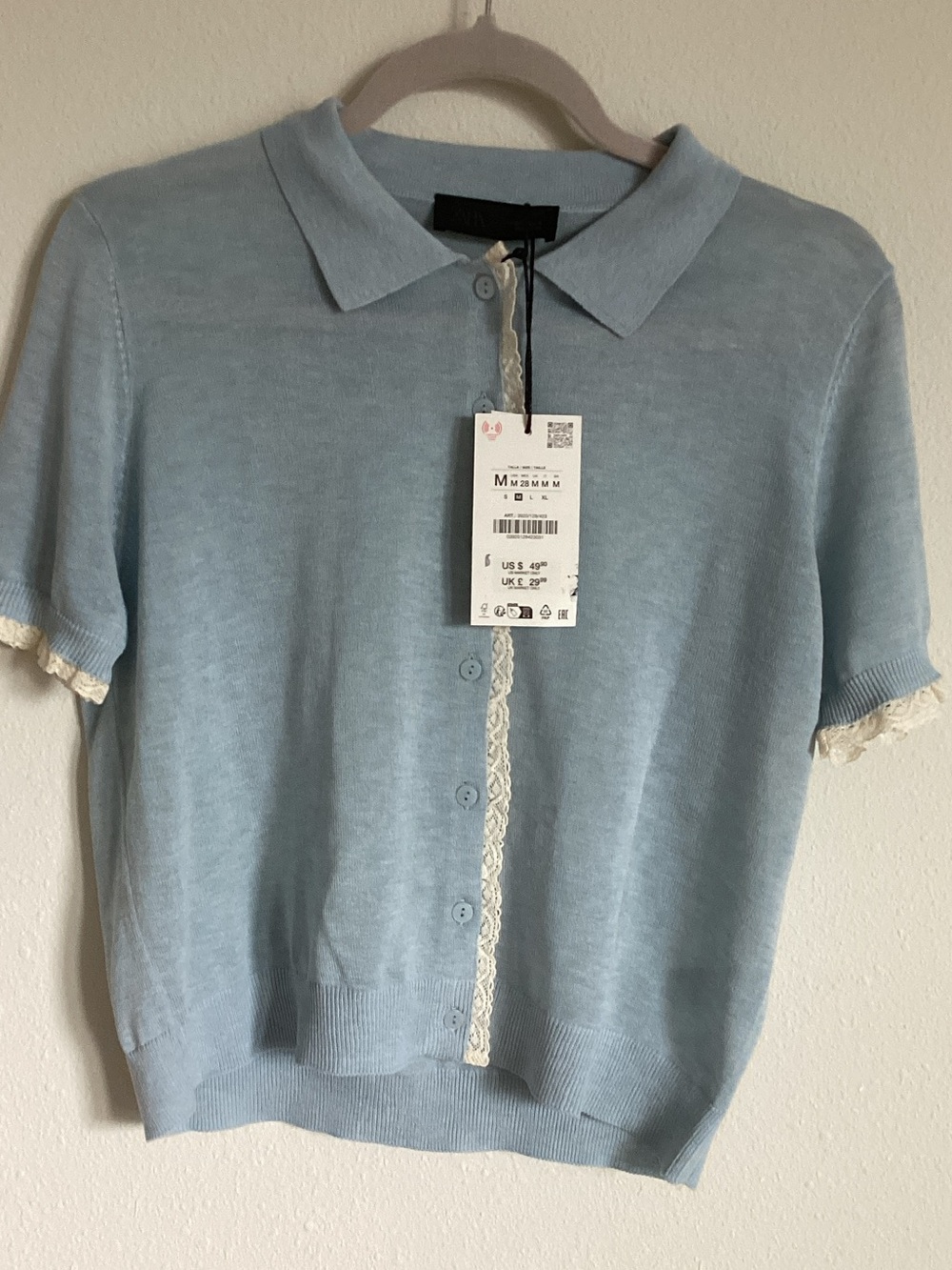Zara Light Blue Short-Sleeve Button-Down Top with Cream Lace Trim